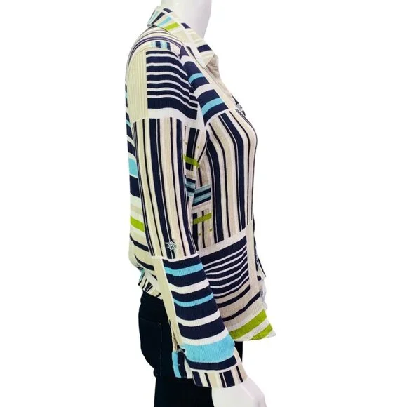 Chicos Womens Top Gauze Blue Green Mixed Stripe Roll Tab Sleeve Size 0 | S - Picture 8 of 12